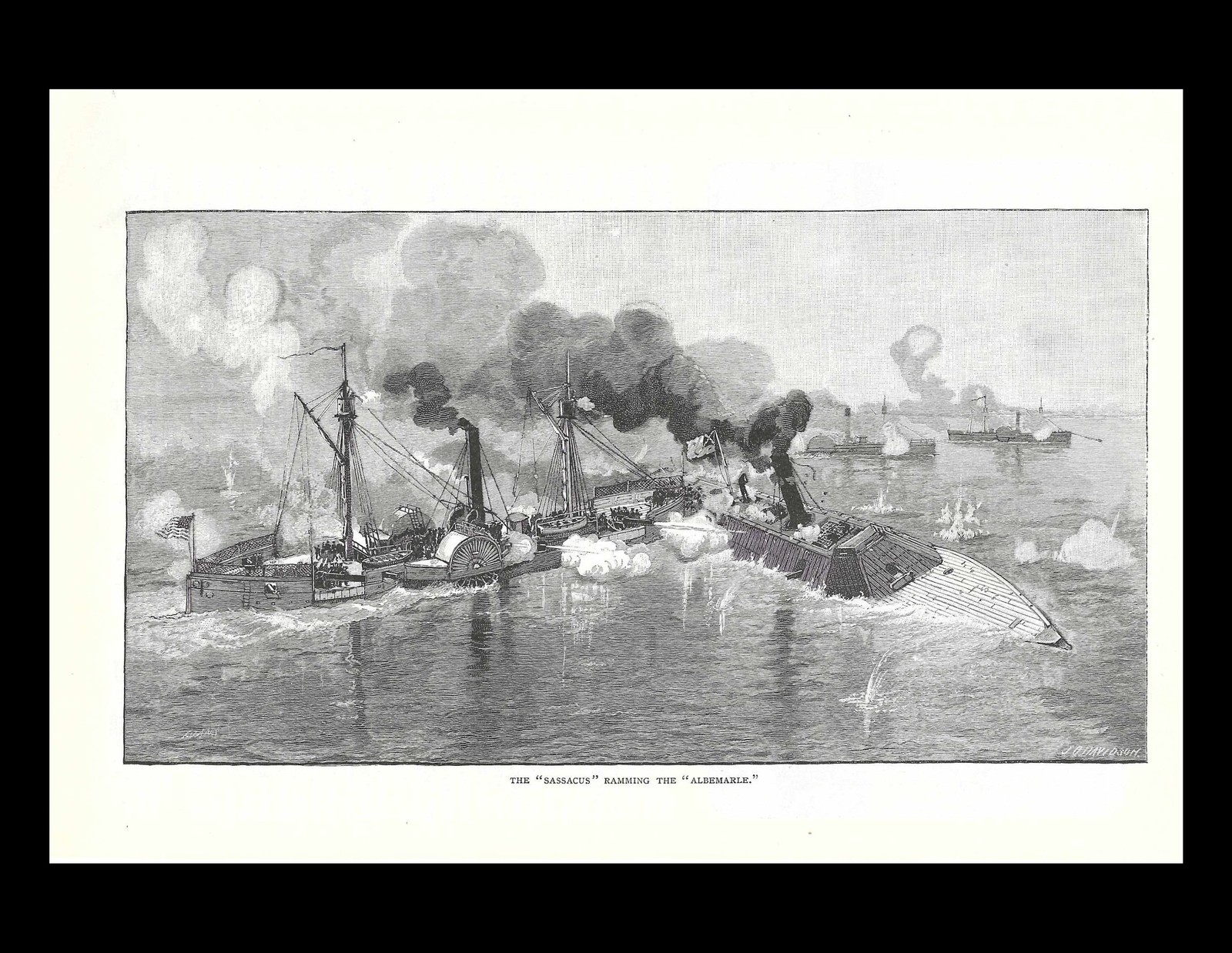1888 E.J. Read USS Sassacus Ramming CSS Albemarle Civil War Wood Engraving 8x10\