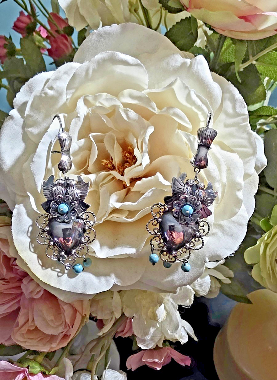 STUNNING Taxco 925 Silver Earrings Filigree, Birds & Turquoise