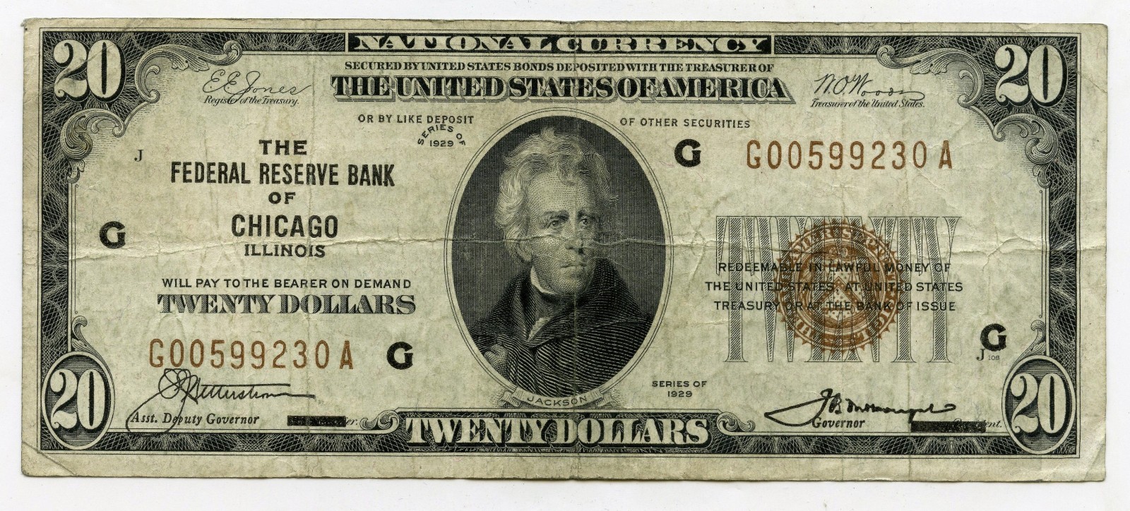 1929 $20 National Currency Note Chicago Illinois Federal Reserve Bank - R713