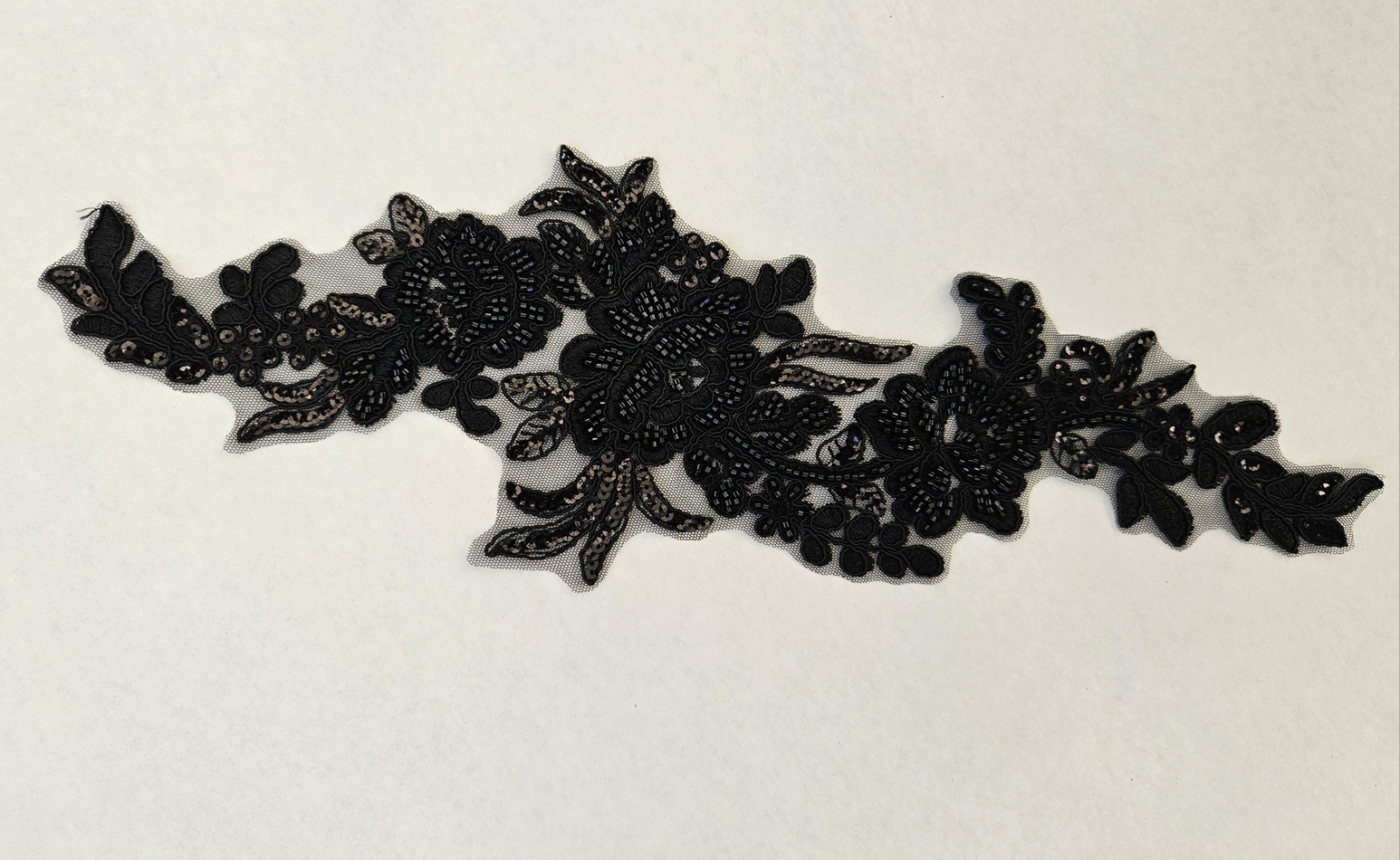 Black Floral Embroidered Sequin Applique, Sew On, Approximately 16x5 Black Floral Embroidered Sequin Applique, Sew On, Approximately 16x5