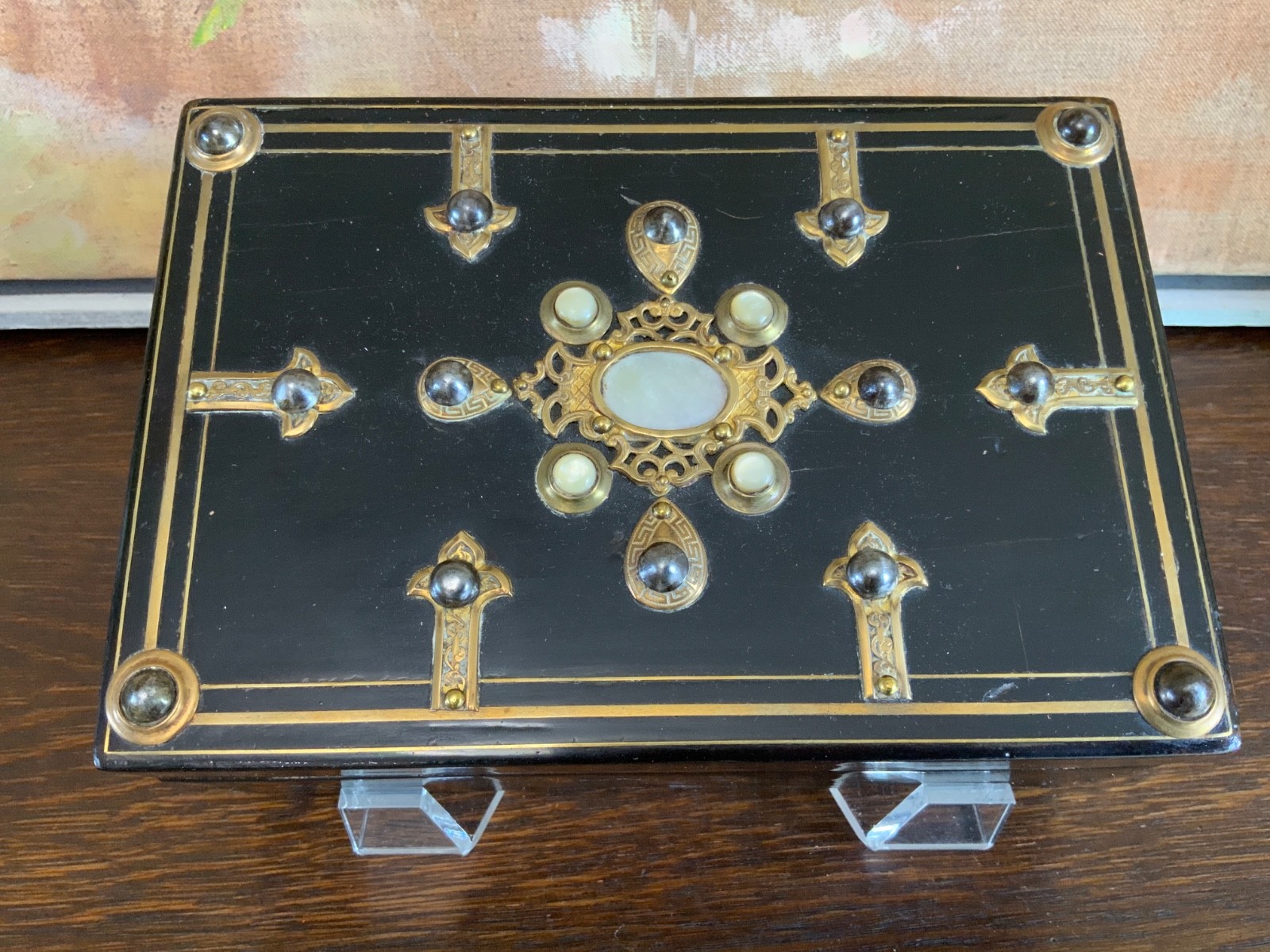 French Ebonized Gilt Sewing Box with Brass Decoration Circa 1870 w/Sewing Items
