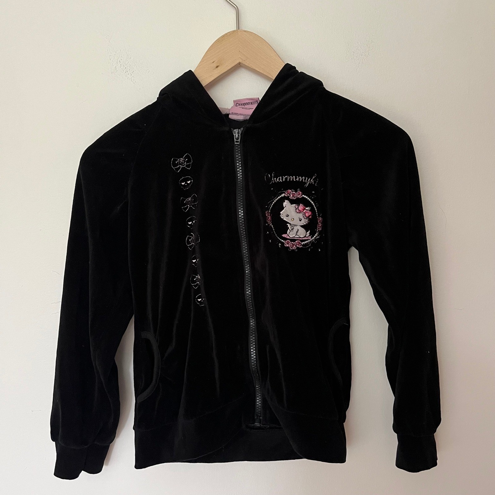 Sanrio Charmmy Kitty Black Velour Zip Up Hoodie Y2K Skulls Bows Girls 8A
