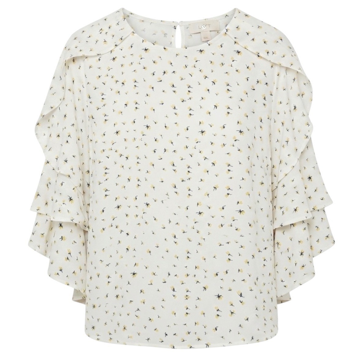 Loft Woman\'s Size Small White Floral Print Blouse Long Ruffled Sleeves Top