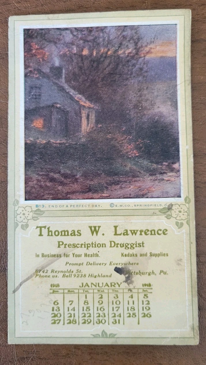 Vintage 1918 Thomas Lawrence Druggist Advertisement Pittsburgh, PA Calendar Vintage 1918 Thomas Lawrence Druggist Advertisement Pittsburgh, PA Calendar