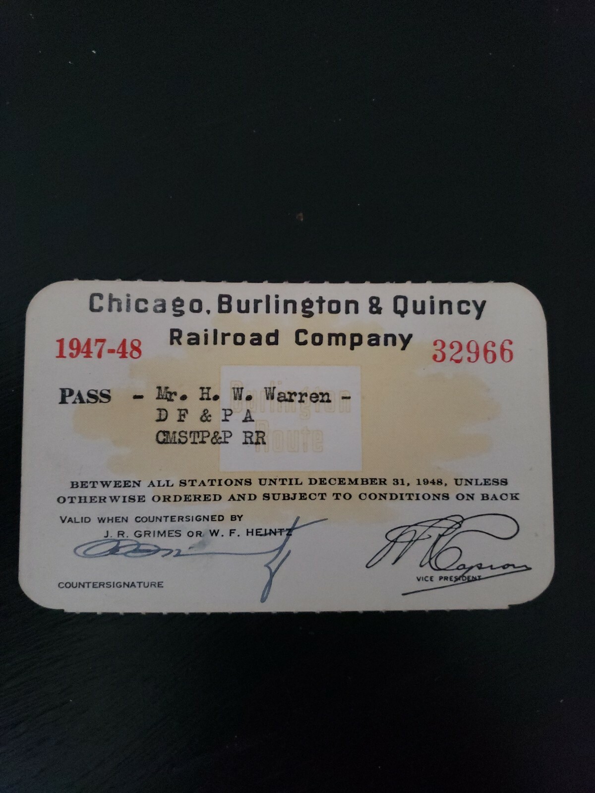 Vintage Rare 1947-48 Chicago Burlington & Quincy Railroad Railway Pass Ticket 