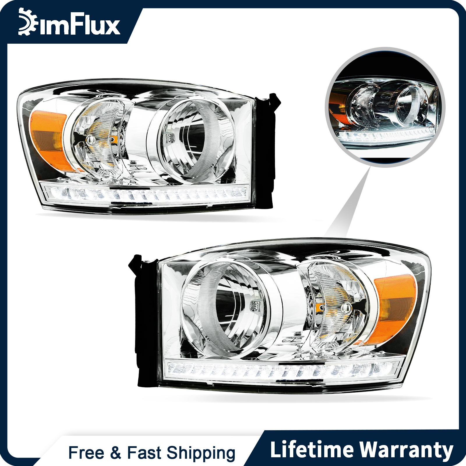 DimFlux LED DRL Headlights for 06-08 Dodge Ram 1500 2500 3500 Chrome Housing