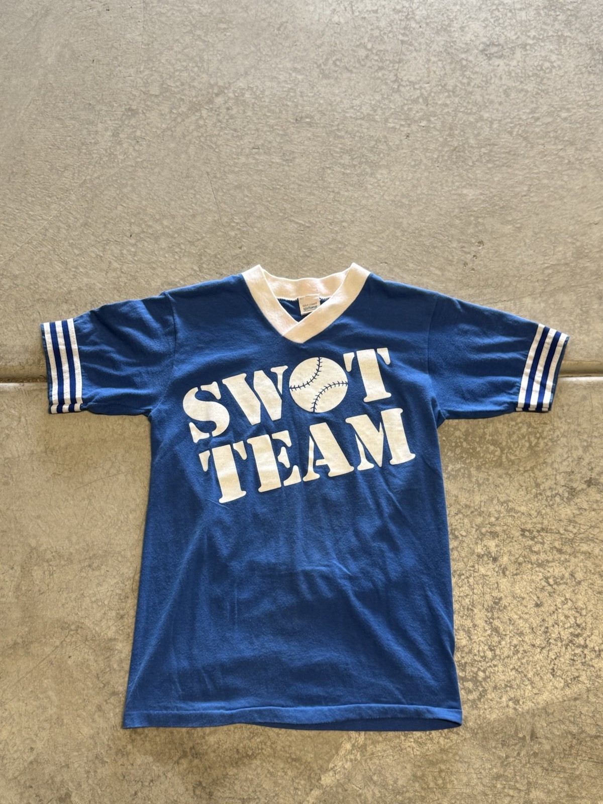 True Vintage 70’s Men’s Swat Team Softball MVP Ringer T-shirt Small Blue