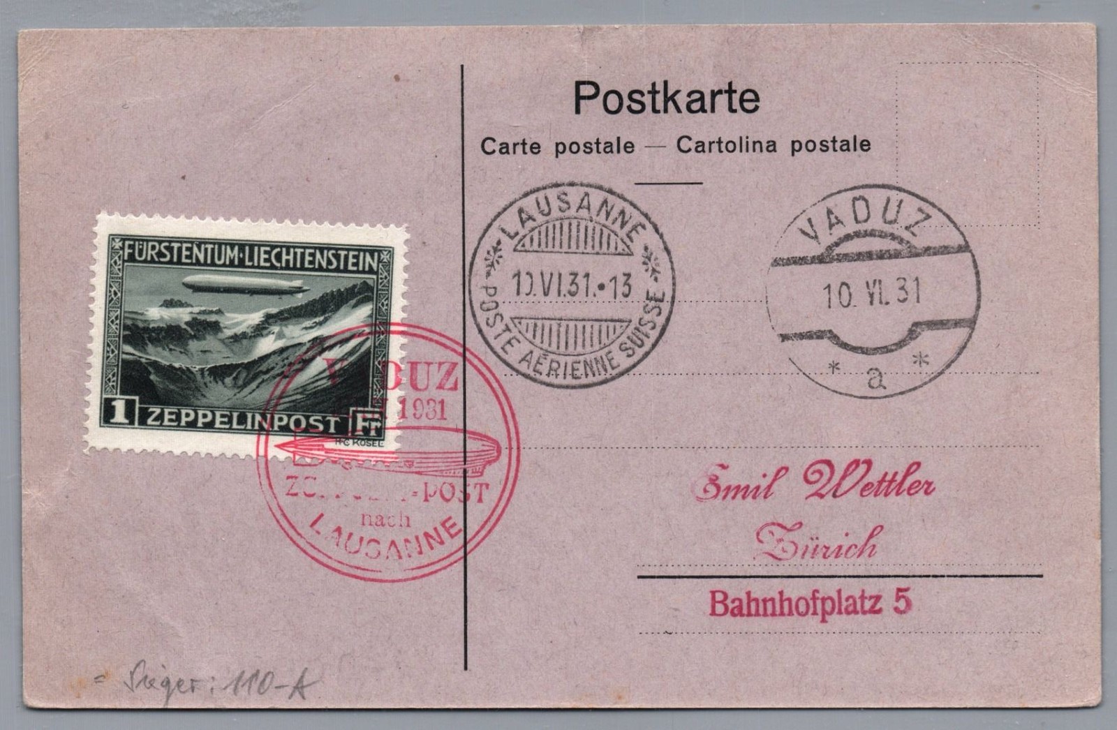 Liechtenstein Zeppelin document EF MiNo. 114 trip Vaduz Lusanne 1931 to Zurich
