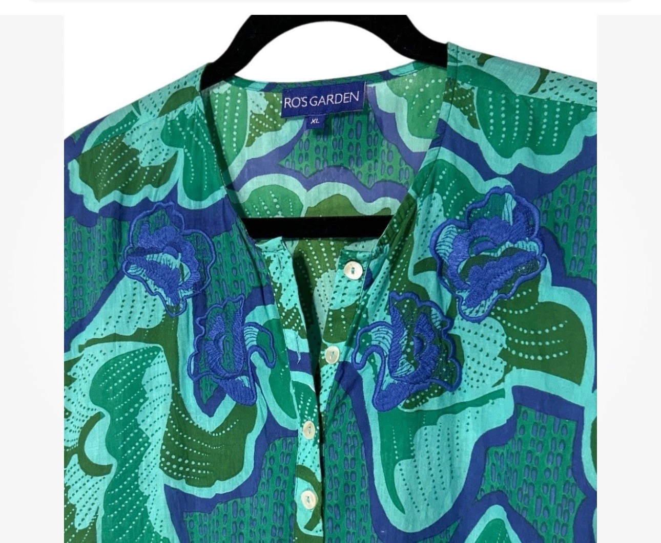 Anthropologie Ro\'s Garden Floral Embroidered Kaftan Henley Dress Green Blue XL