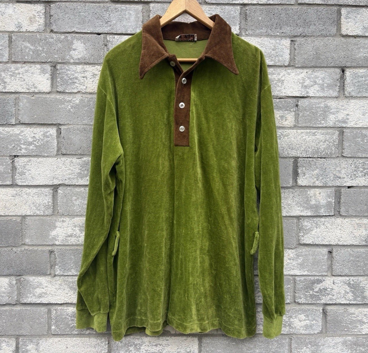 Vintage 60s 70s Velour Long Sleeve Polo Shirt Atomic Mod Surf Skate Hippie