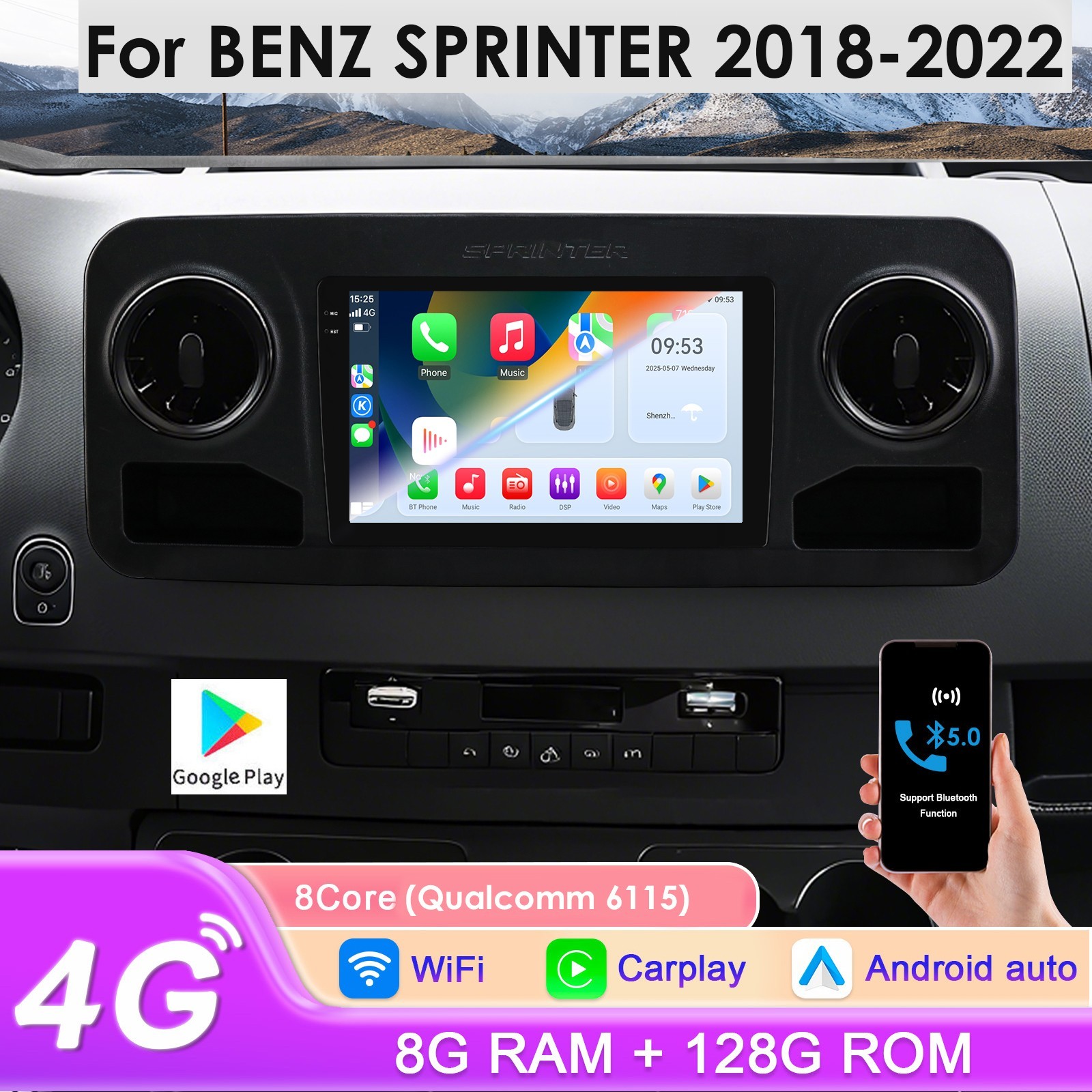 8+128GB 8Core Android 14 Carplay Stereo Radio For Mercedes Benz Sprinter 2018-22