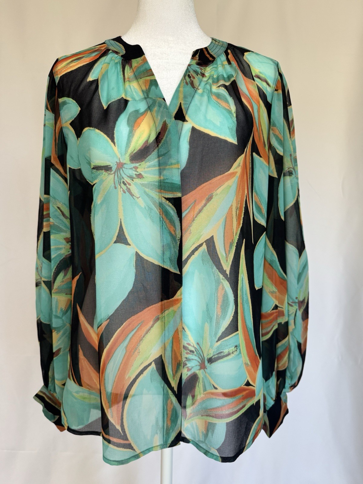 Chico\'s Floral Chiffon Blouse Multicolor V-Neck Balloon Sleeve Sz 0/0.5