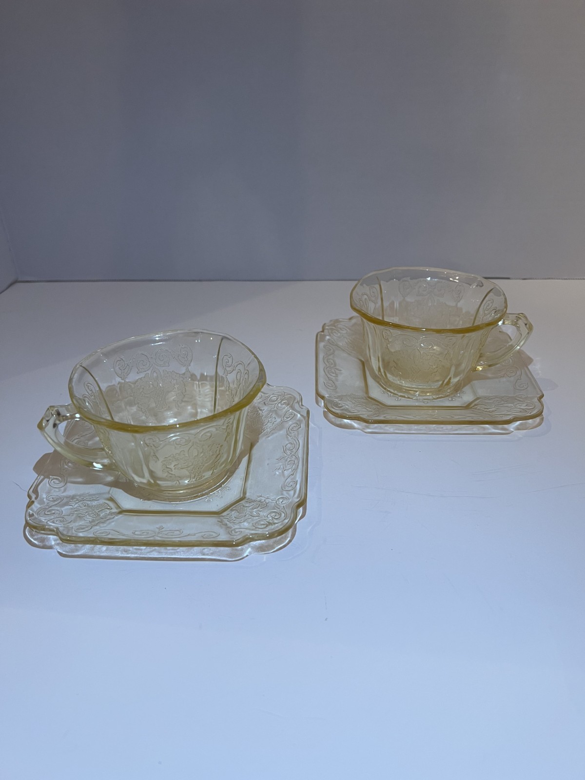 Vintage 1930\'s Yellow Depression Glass Cup and Saucer, Set of 2 Vintage 1930\'s Yellow Depression Glass Cup and Saucer, Set of 2