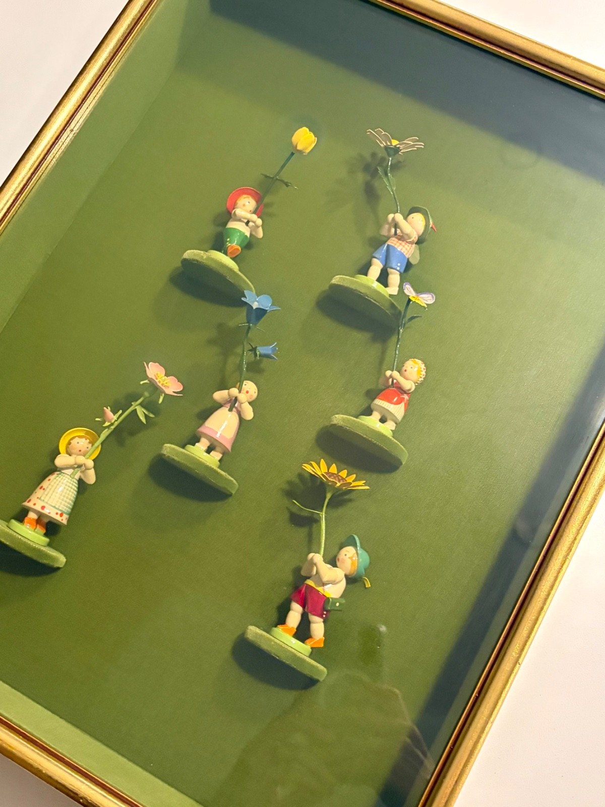 Vintage German Erzgebirge Wooden Flower Children Collection – Framed Set of 6