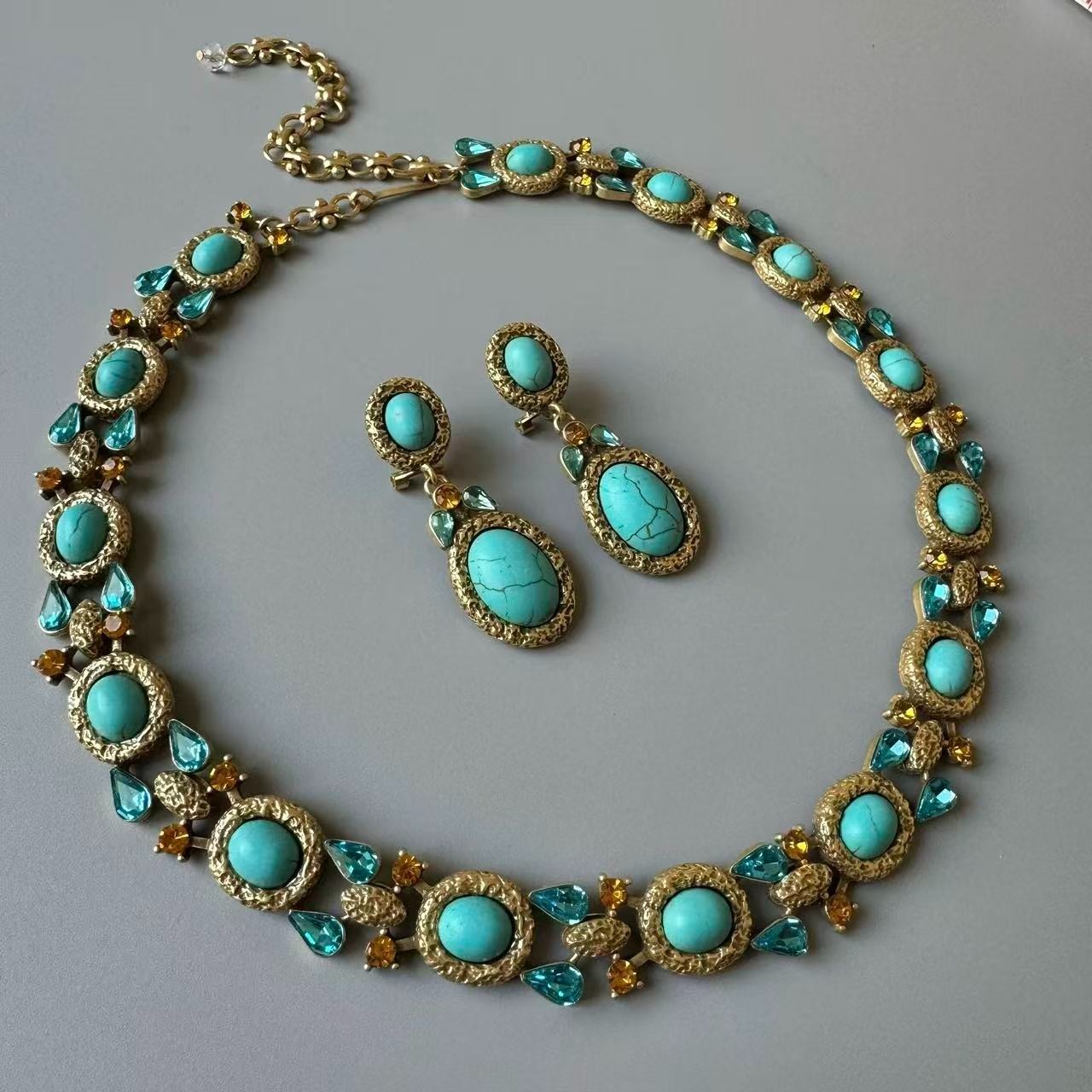 Victorian Turquoise Necklace & Earrings Set Antique Gold European Jewelry