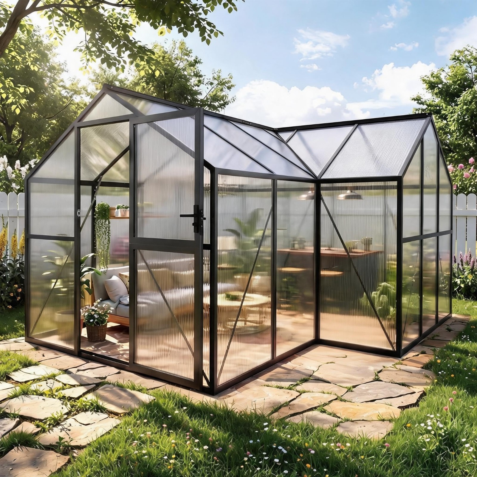 12x12FT T-Shape Polycarbonate Greenhouse, Quick Setup,Roof Vent,Walk-in Aluminum