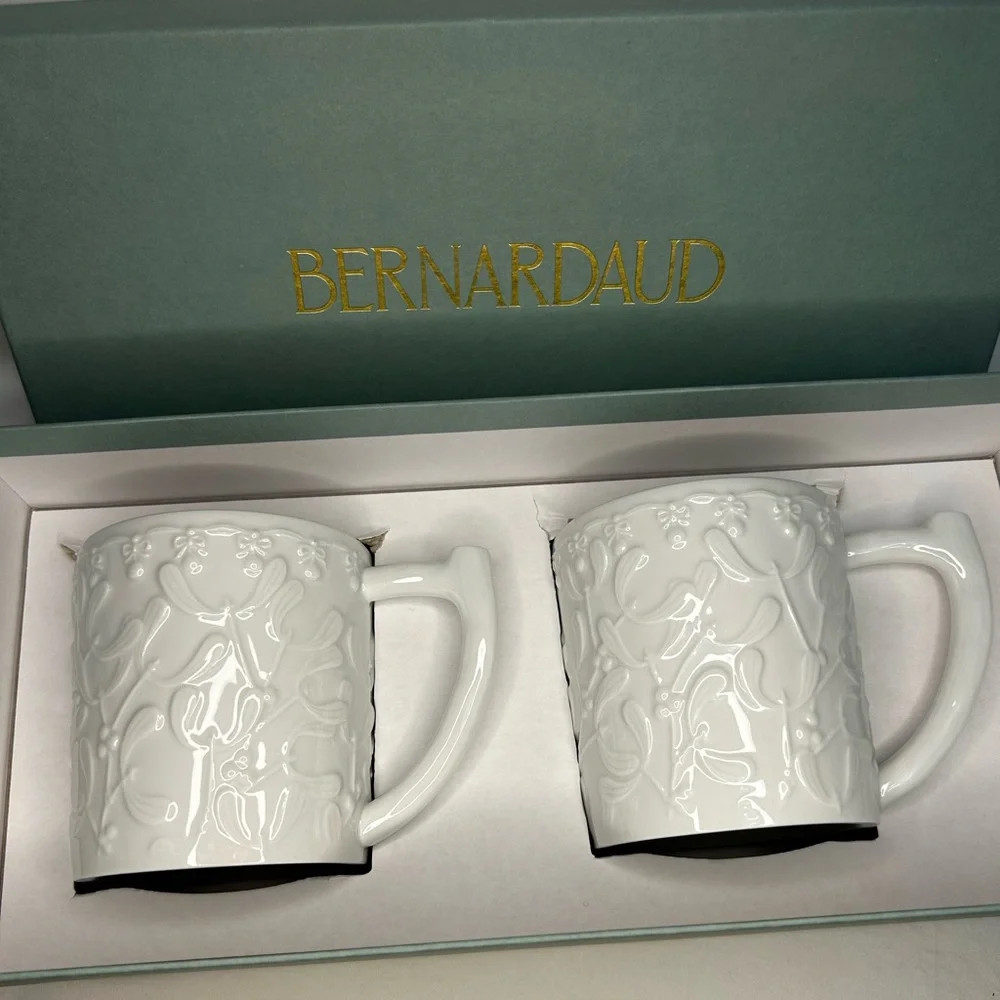 BERNARDAUD set of 2 boxed White Winter Mugs NIB France HTF Cup Limoges RARE