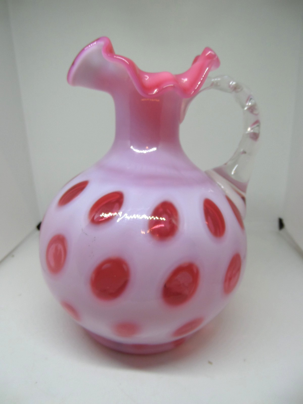 Vintage Fenton Cranberry & Opalescent Coin Dot Glass Pitcher with Ruffled Rim Vintage Fenton Cranberry & Opalescent Coin Dot Glass Pitcher with Ruffled Rim