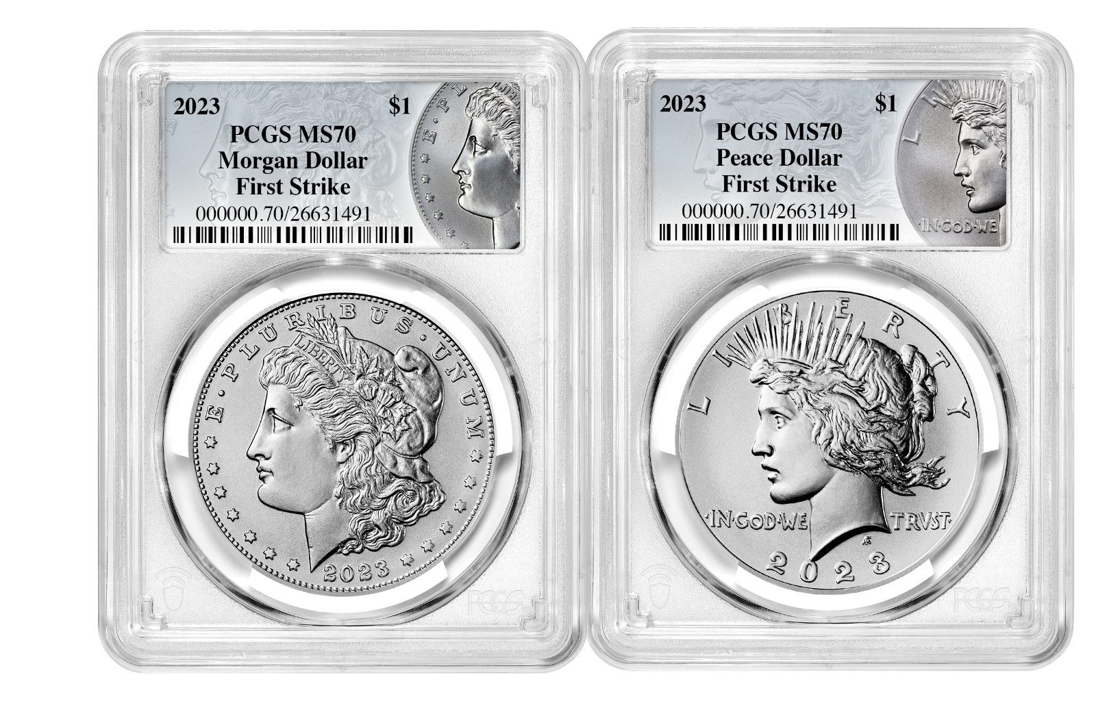 2023 Morgan and Peace Silver Dollar 2 Coin Set PCGS MS70 FIRST STRIKE