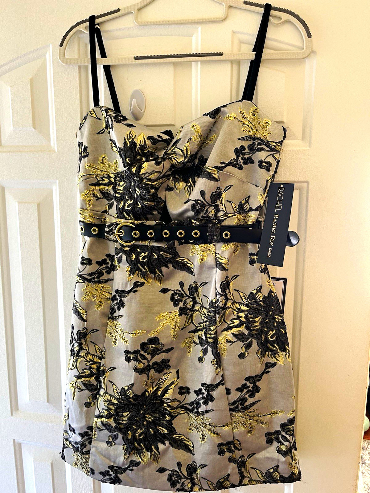 Rachel Roy Silver Black Gold Floral Jacquard Belted Sweetheart Dress Size 4