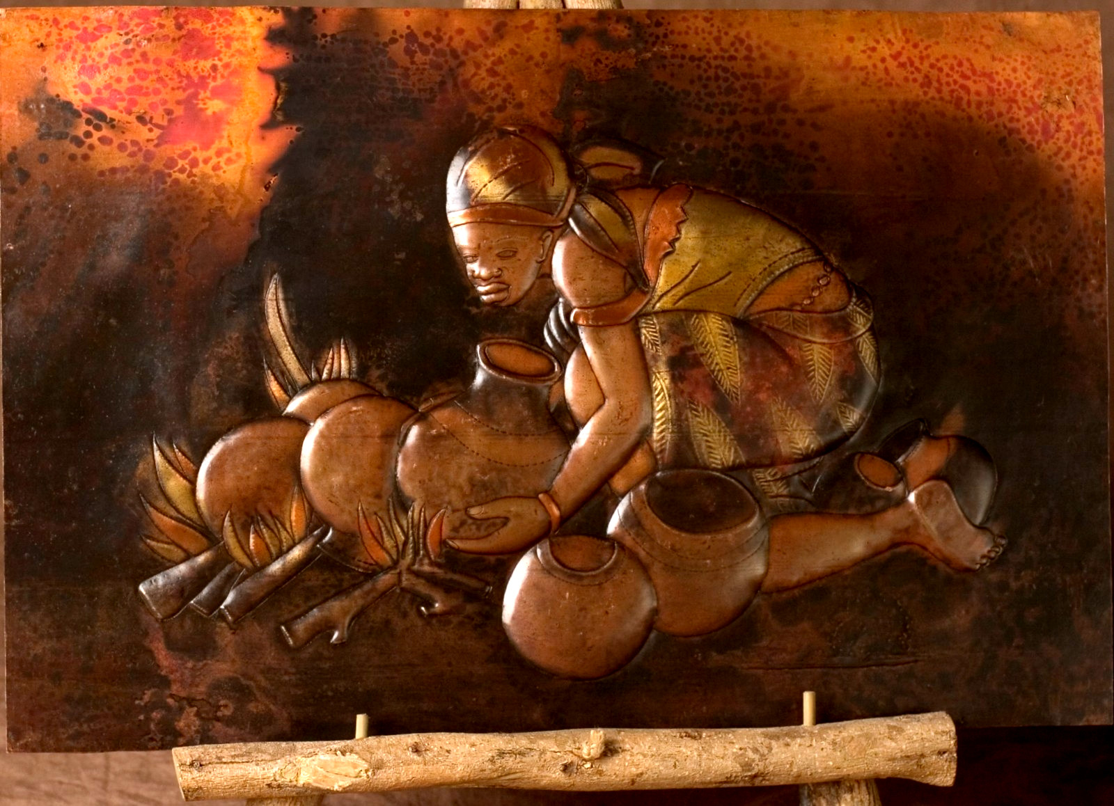 Copper Art Tribal Woman Pots Over Fire African Relief 23\