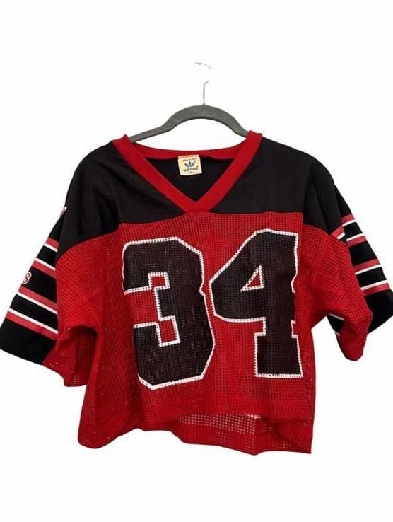 Vintage 90s Adidas Trefoil Number 34 Mesh Crop Football Jersey Black Red Medium Vintage 90s Adidas Trefoil Number 34 Mesh Crop Football Jersey Black Red Medium