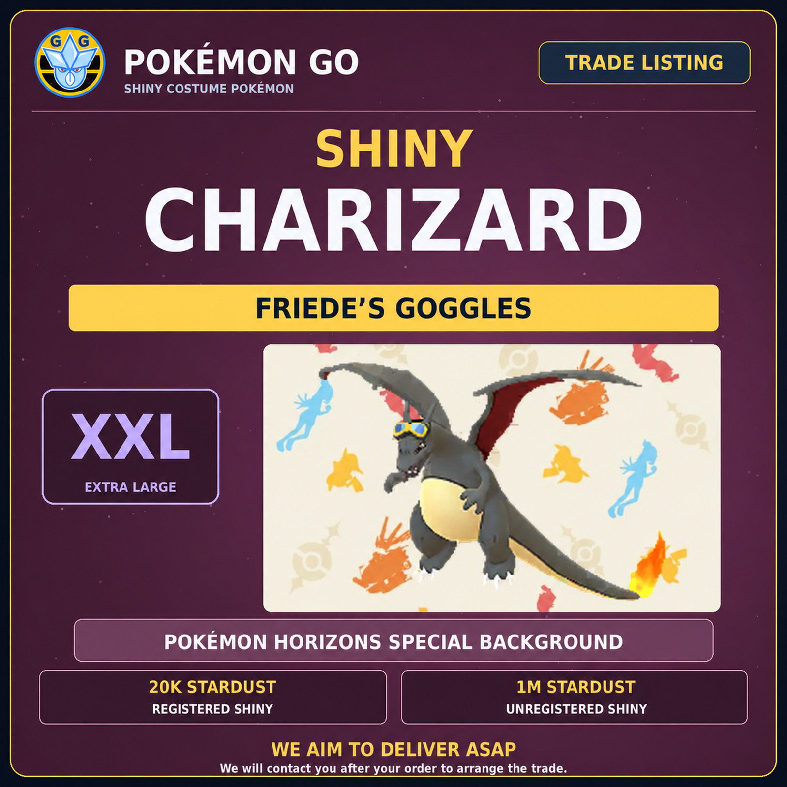 Pokémon GO Shiny Friede Goggles Charizard XXS XXL Special Background Trade PTC
