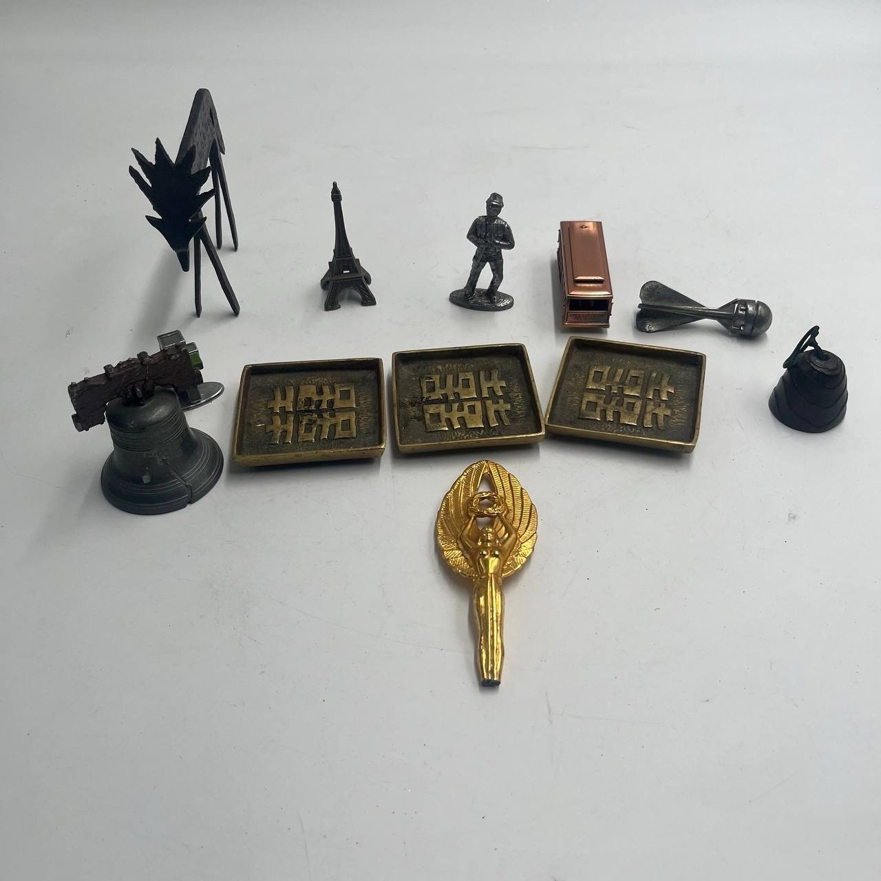 Vintage Metal Souvenir Miniatures Lot Eiffel Tower Cable Car Liberty Bell Brass