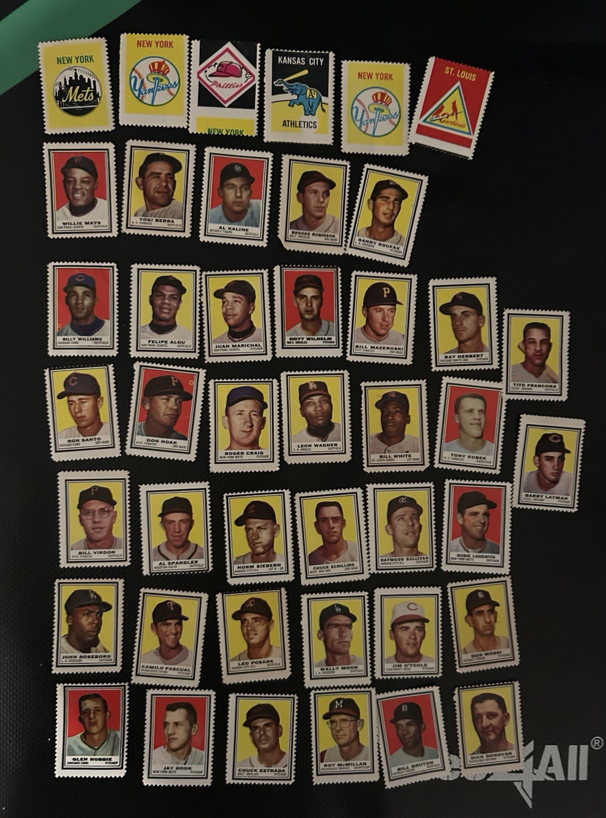 Lot of 43 1962 Topps Stamps—Willie Mays, Sandy Koufax, Yogi Berra Etc…