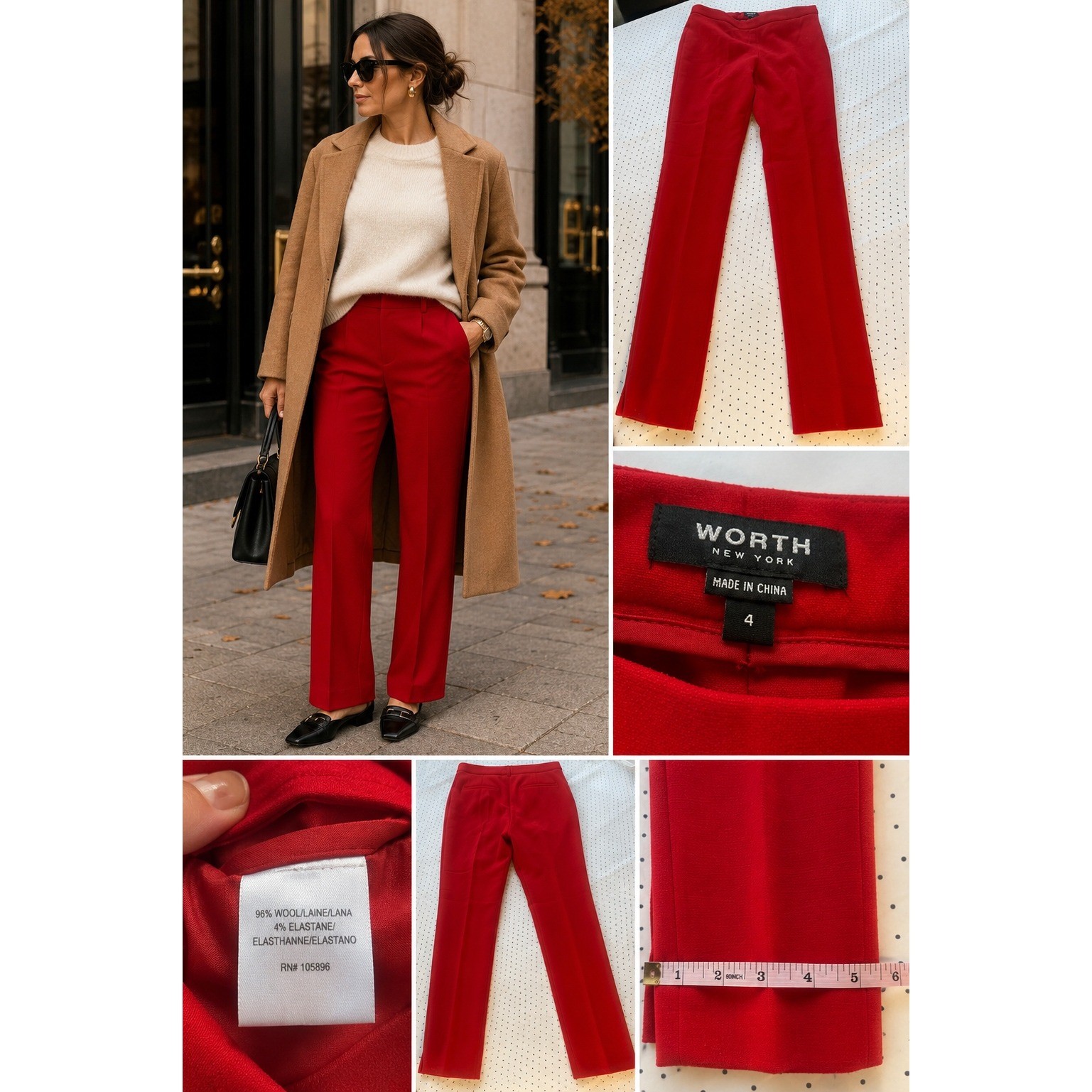 Worth New York Red Wool Pants Size 4 Straight Leg High Rise Career Trouser Worth New York Red Wool Pants Size 4 Straight Leg High Rise Career Trouser