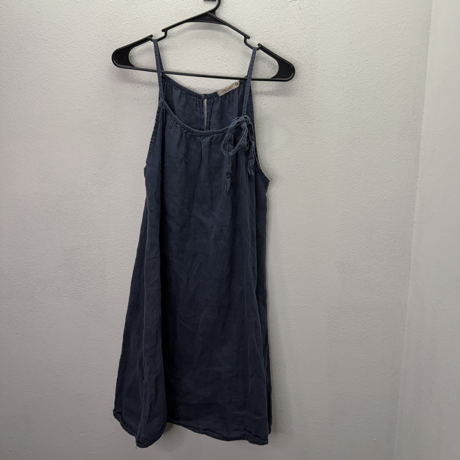 Lungo L’arno 100% Linen Shift Dress Sz M Navy Blue Strappy Coastal Made In Italy