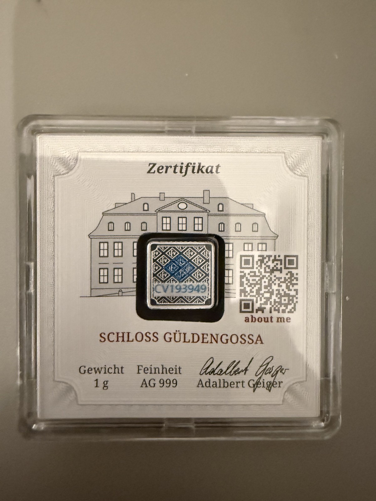 GEIGER EDELMETALLE SCHLOSS GÜLDENGOSSA 1 GRAM .999 SILVER BAR IN ASSAY GEIGER EDELMETALLE SCHLOSS GÜLDENGOSSA 1 GRAM .999 SILVER BAR IN ASSAY