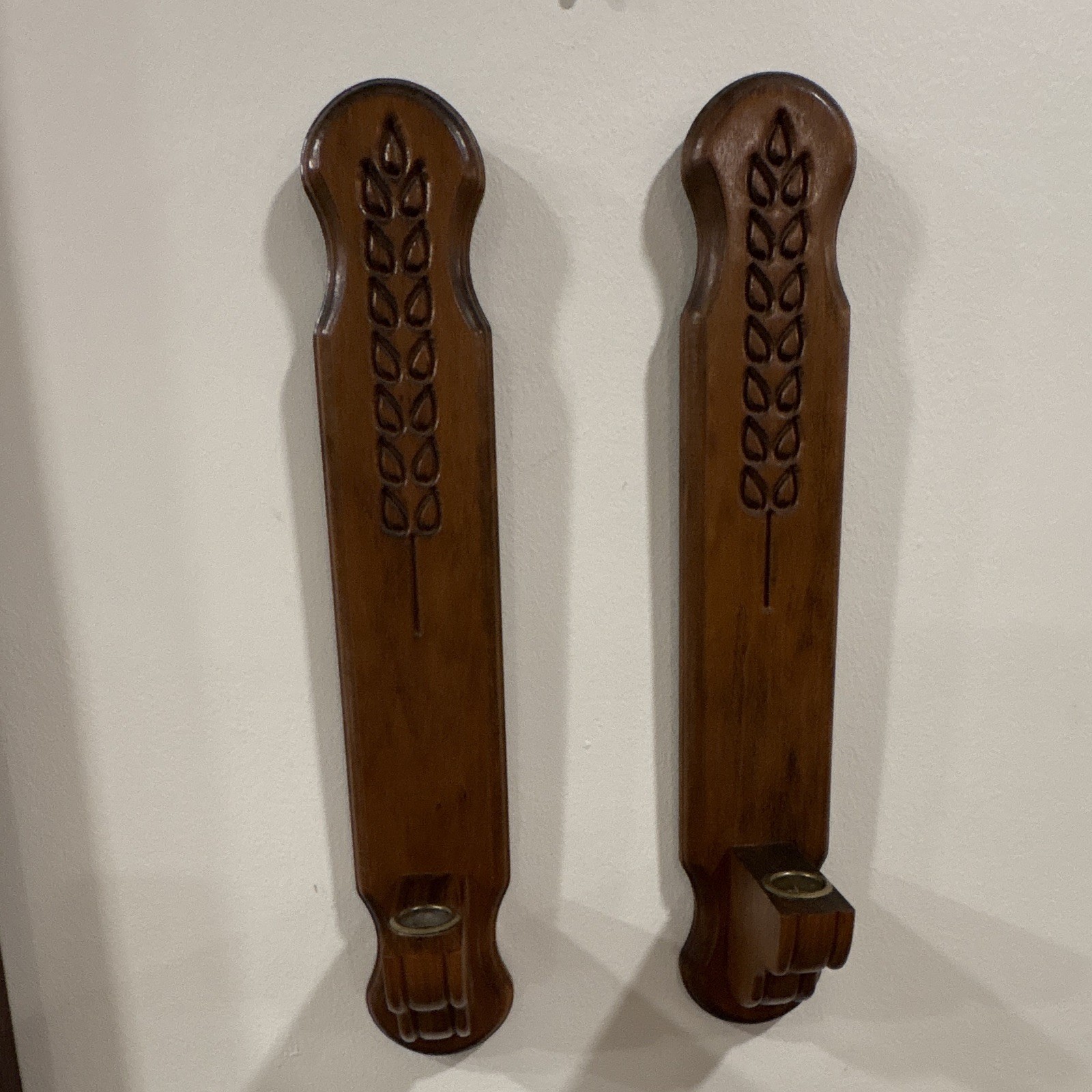 Vintage Pair Of Wood Sconces / Candle Holders, Etched Wheat Grain Design, 1970’s Vintage Pair Of Wood Sconces / Candle Holders, Etched Wheat Grain Design, 1970’s