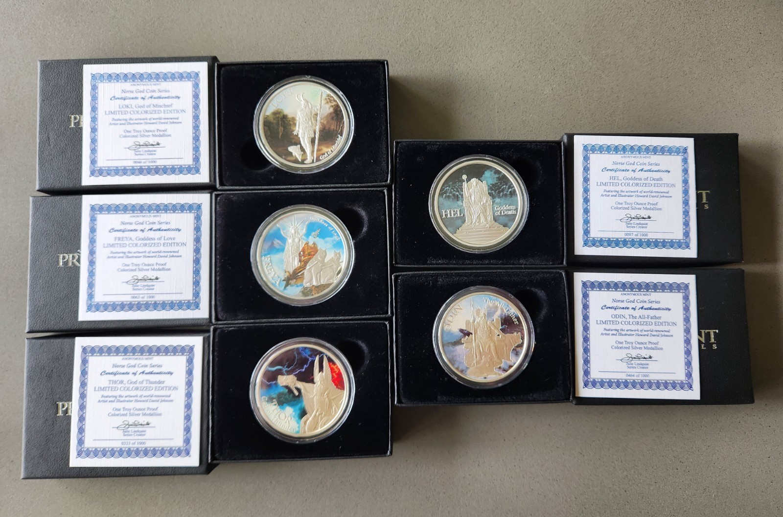 Anonymous Mint Norse Gods 1oz Colorized Silver Proof SET of 5 Gods w/ box & COA Anonymous Mint Norse Gods 1oz Colorized Silver Proof SET of 5 Gods w/ box & COA
