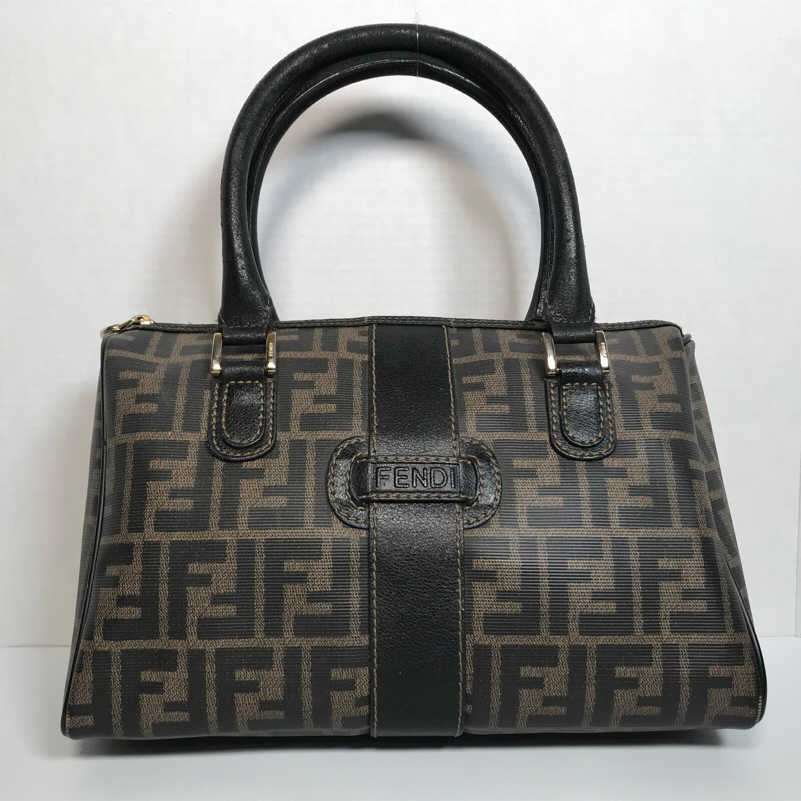 Vintage FENDI sas Roma Zucca FF Monogram Boston Handbag Coated Canvas