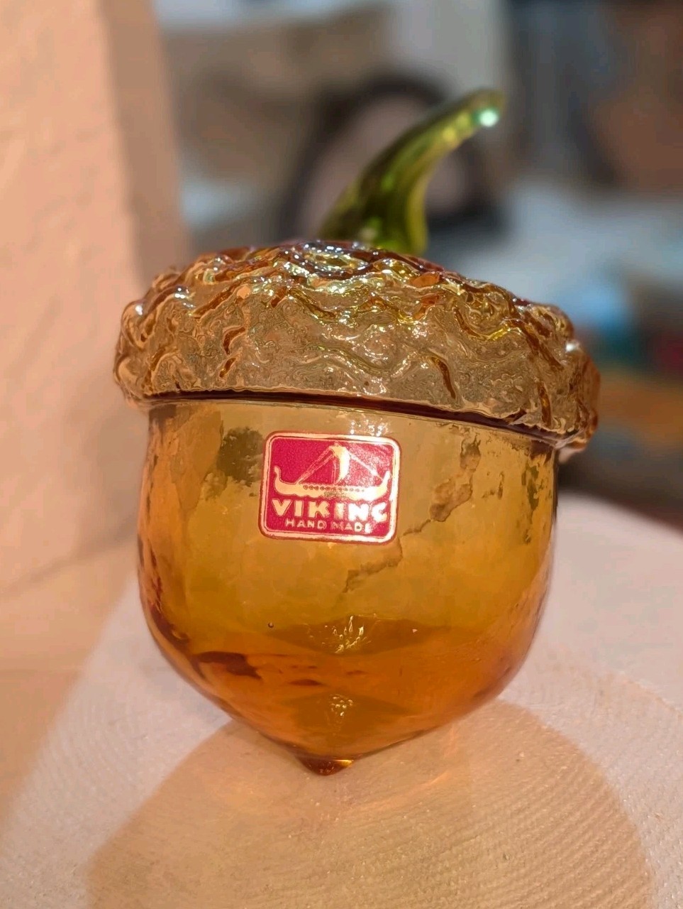 VTG Viking Rainbow Glass Acorn Amber Brown MCM Paperweight Original Label VTG Viking Rainbow Glass Acorn Amber Brown MCM Paperweight Original Label