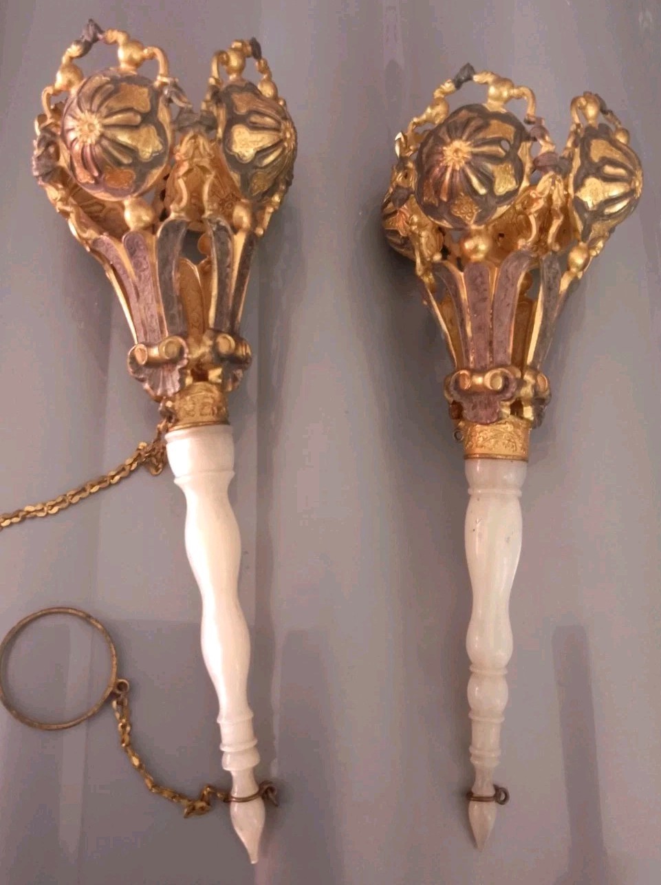 Pair Antique Victorian Tussie Mussie Posy Holders Gilt MOP Handles 19th C