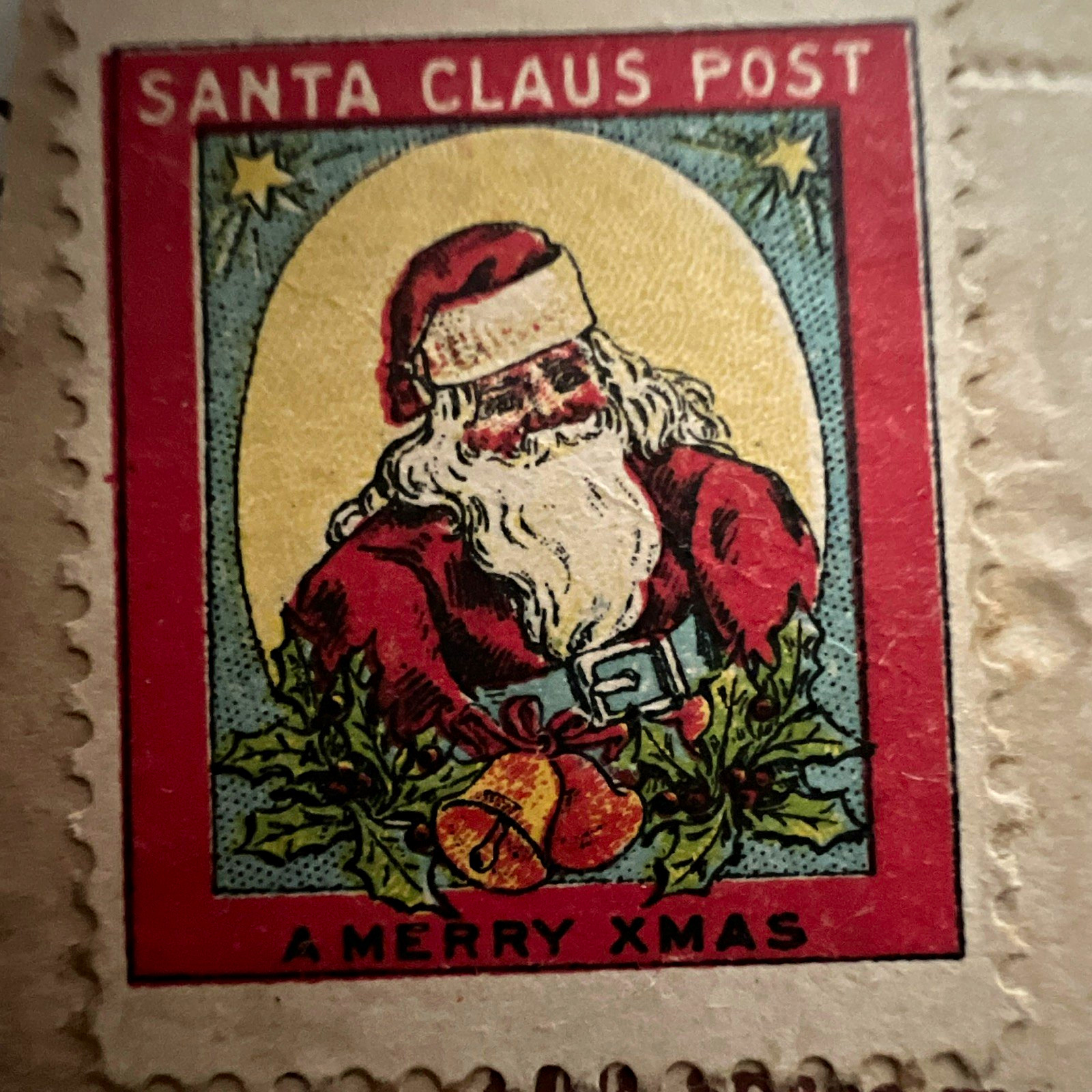 RARE 1909 Santa stamp with cancelled US 1 cent postal stamp on holiday postcard