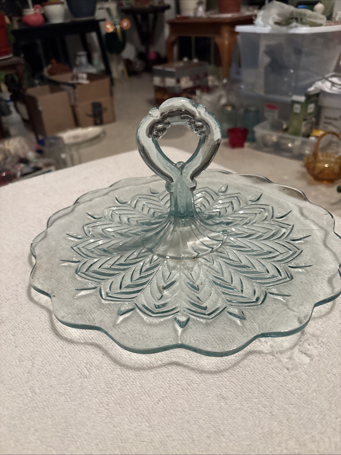 Jeannette Blue Glass Tidbit Sandwich Plate Tray Center Handle Feather Pattern