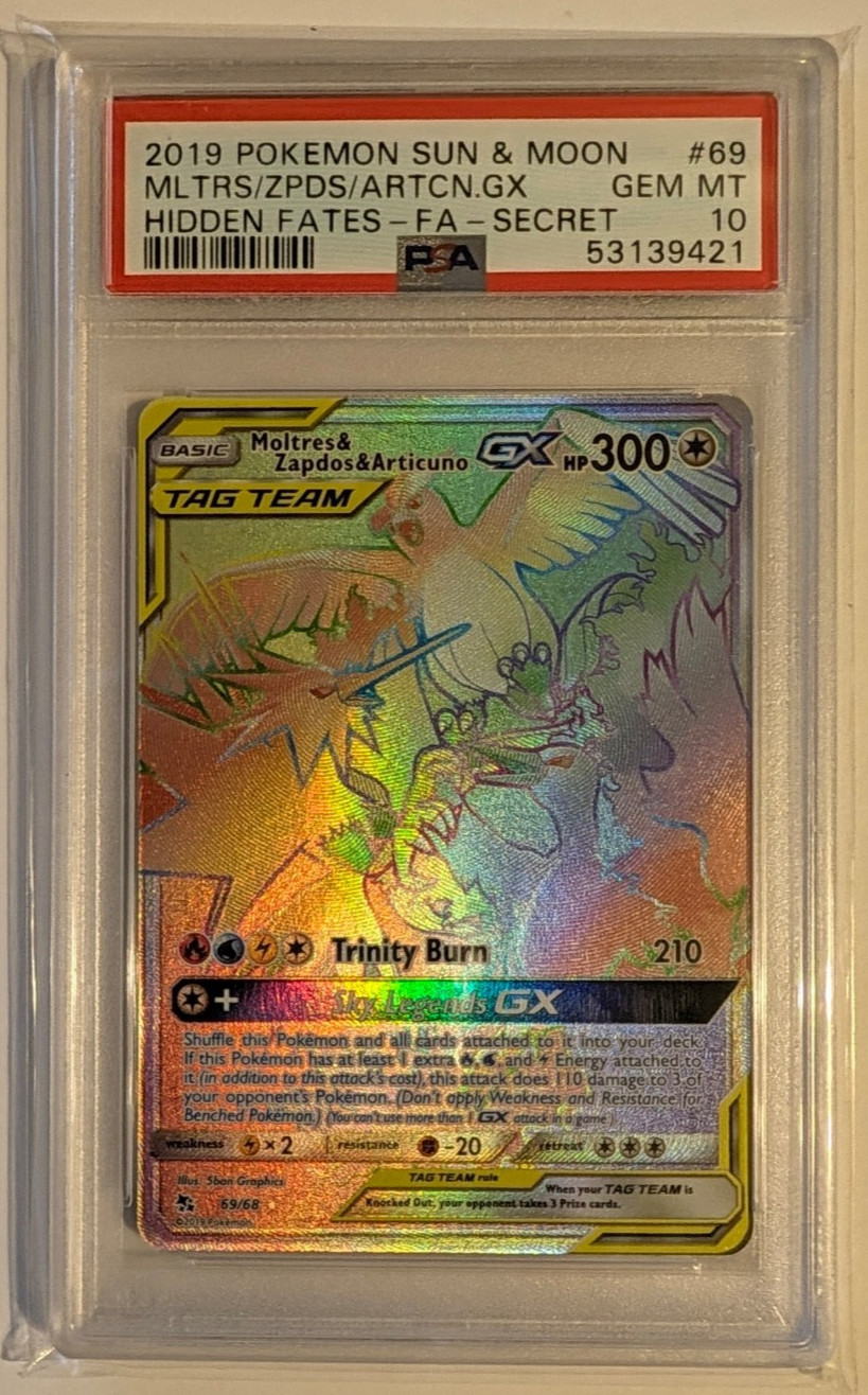 2019 POKEMON SUN & MOON HIDDEN FATES FA/MOLTRES & ZAPDOS & ARTICUNO GX PSA 10