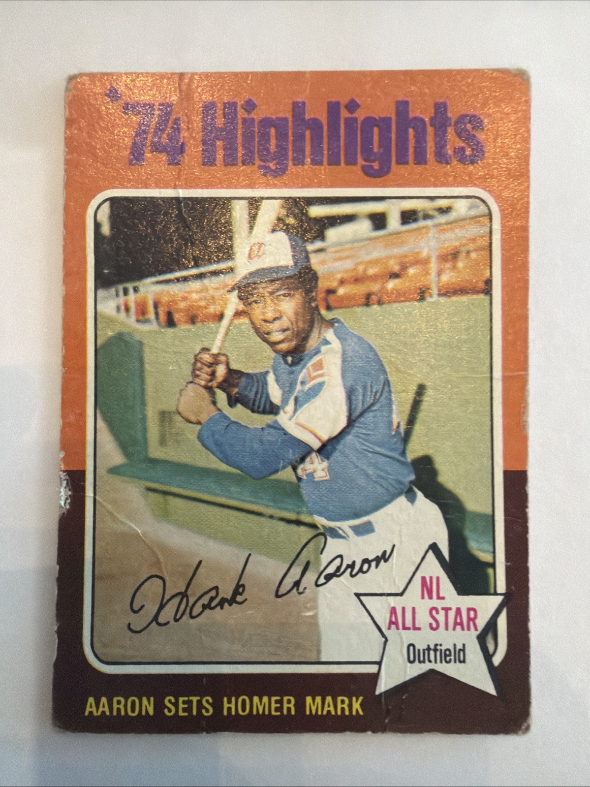 1975 Topps - \'74 Highlights Hank Aaron #1 Low grade (crease) 1975 Topps - \'74 Highlights Hank Aaron #1 Low grade (crease)