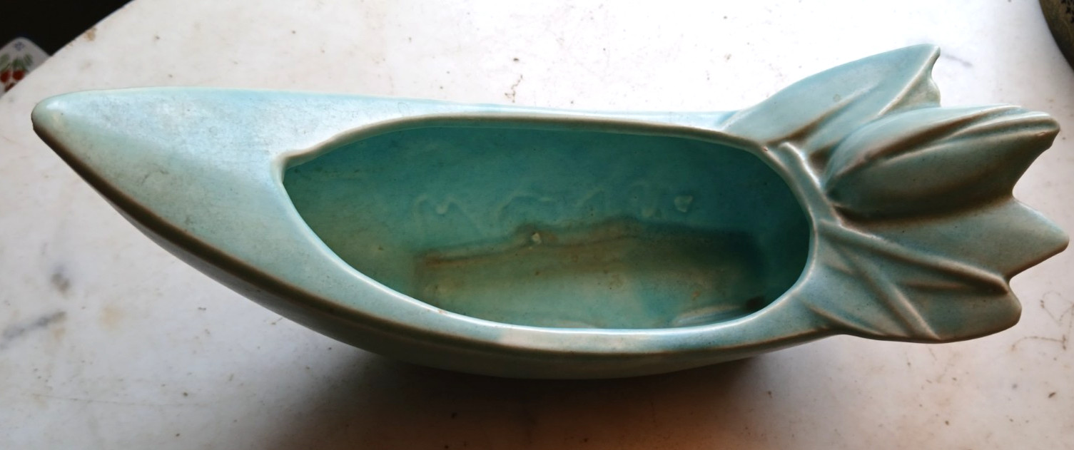 Nelson McCoy c1940s lily bud banana boat green planter  signed NM USA 9 x 5.25\