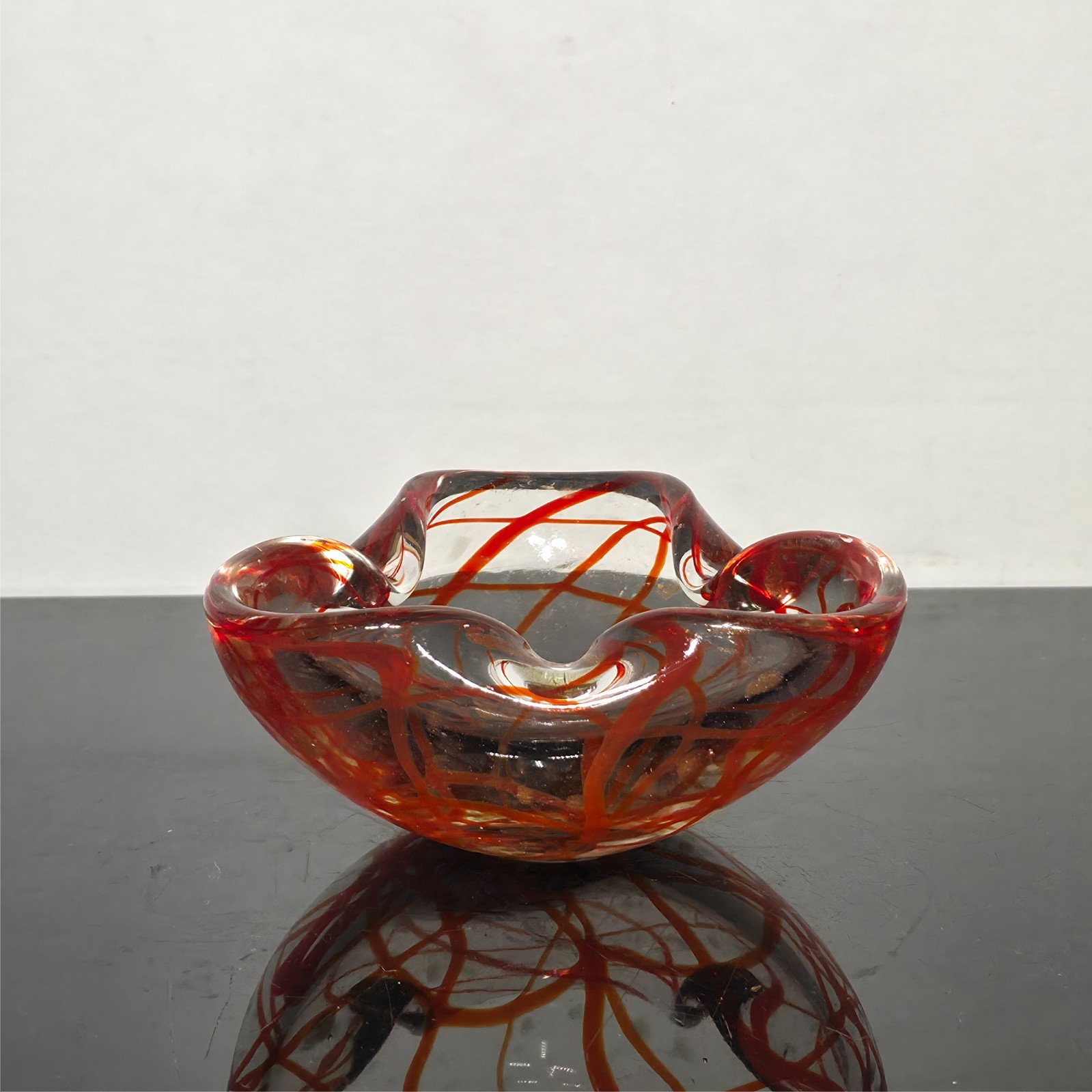 Vintage Murano Art Glass Ashtray Bowl Red Orange Gold Aventurine 1950s