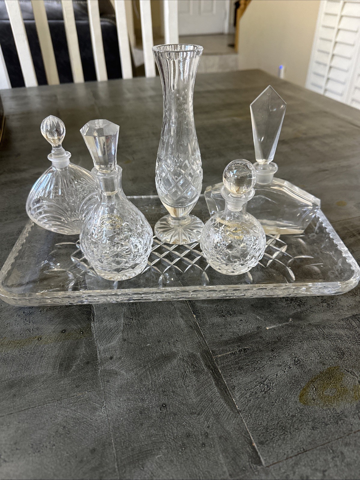 Vintage 5 Piece Crystal Vanity Decanter Set & Handcrafted Tray from Yugoslavia Vintage 5 Piece Crystal Vanity Decanter Set & Handcrafted Tray from Yugoslavia