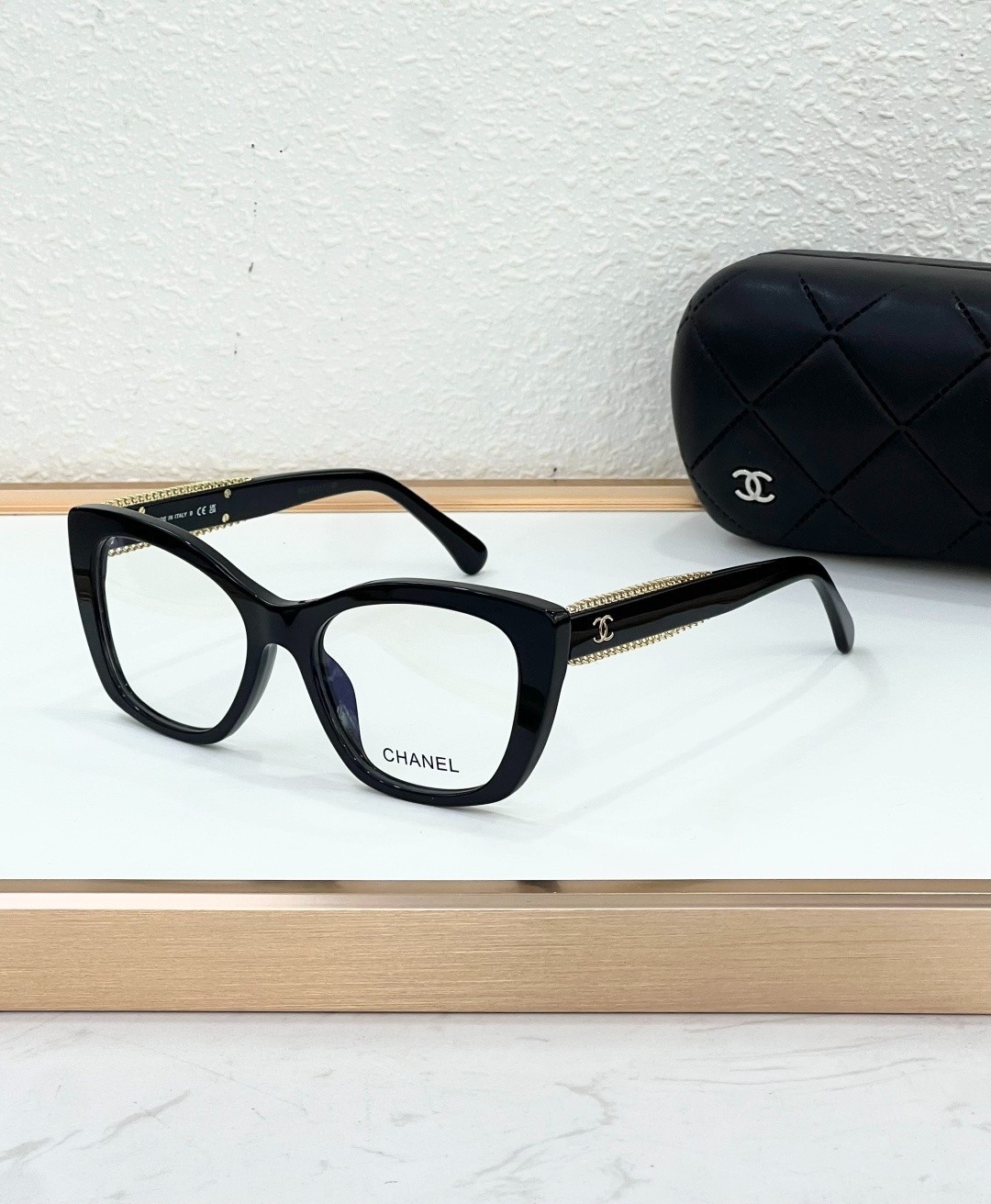 CHANEL 3460 Black Square Eyeglasses Gold Chain Detail 52-17-140 Women