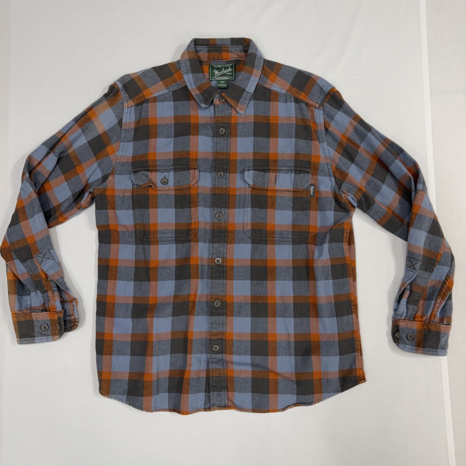 Woolrich Mens L Blue Gray Rust Plaid Flannel Shirt 100% Cotton