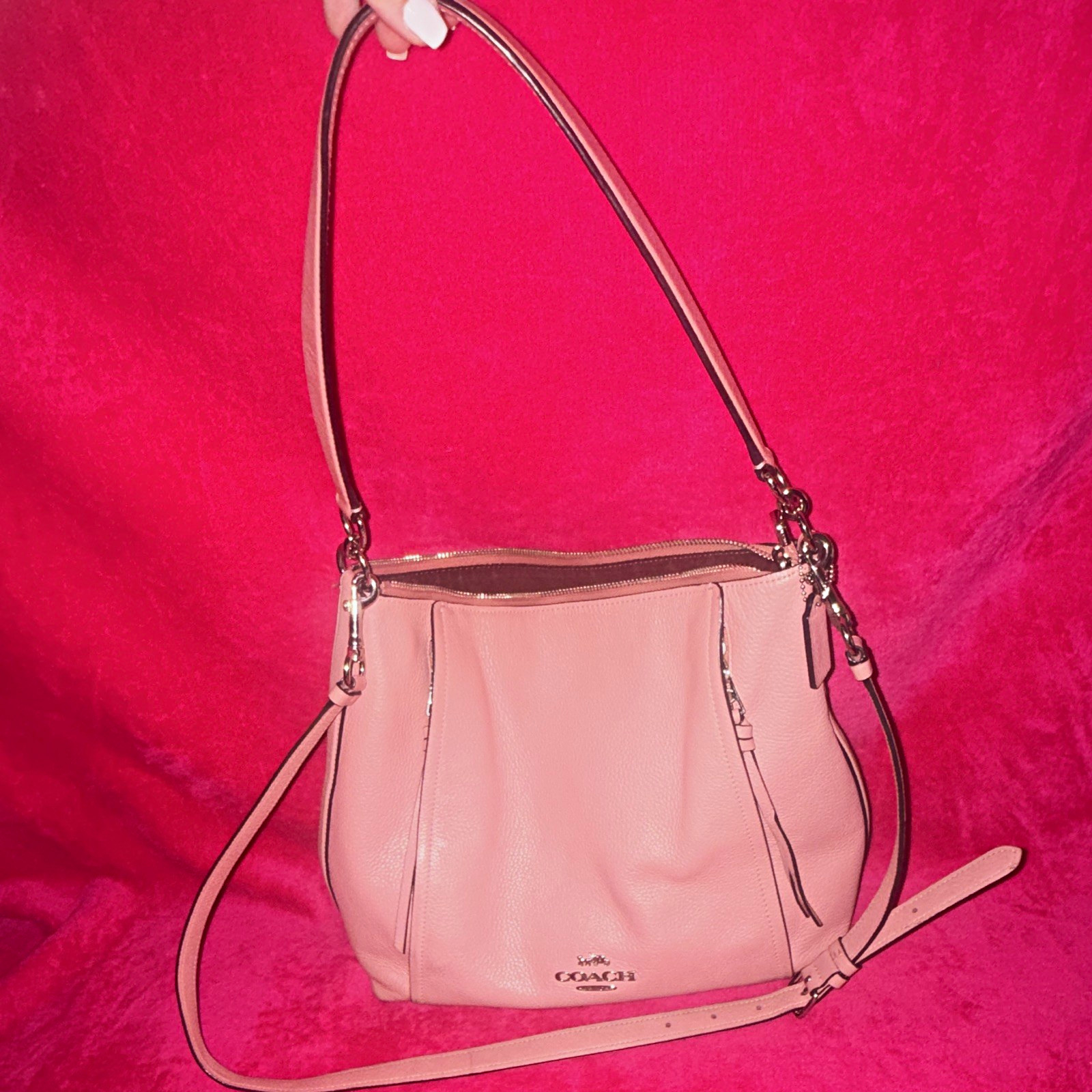 Coach Pink Pebbled Shoulder Bag, Zip Closure, Adjustable Detachable Strap