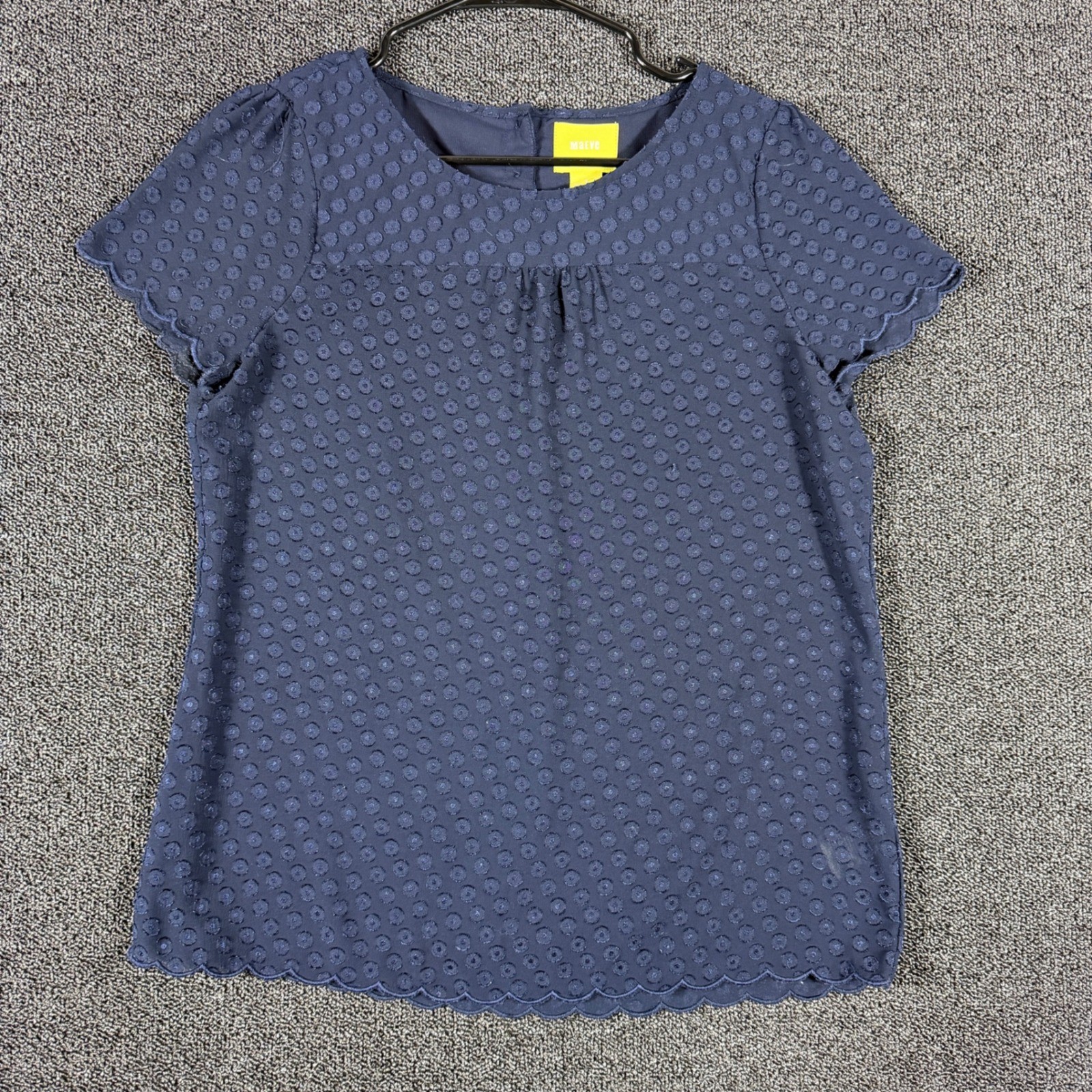 Maeve Anthropologie Navy Swiss Dot Scalloped Hem Short Sleeve Blouse Size 6