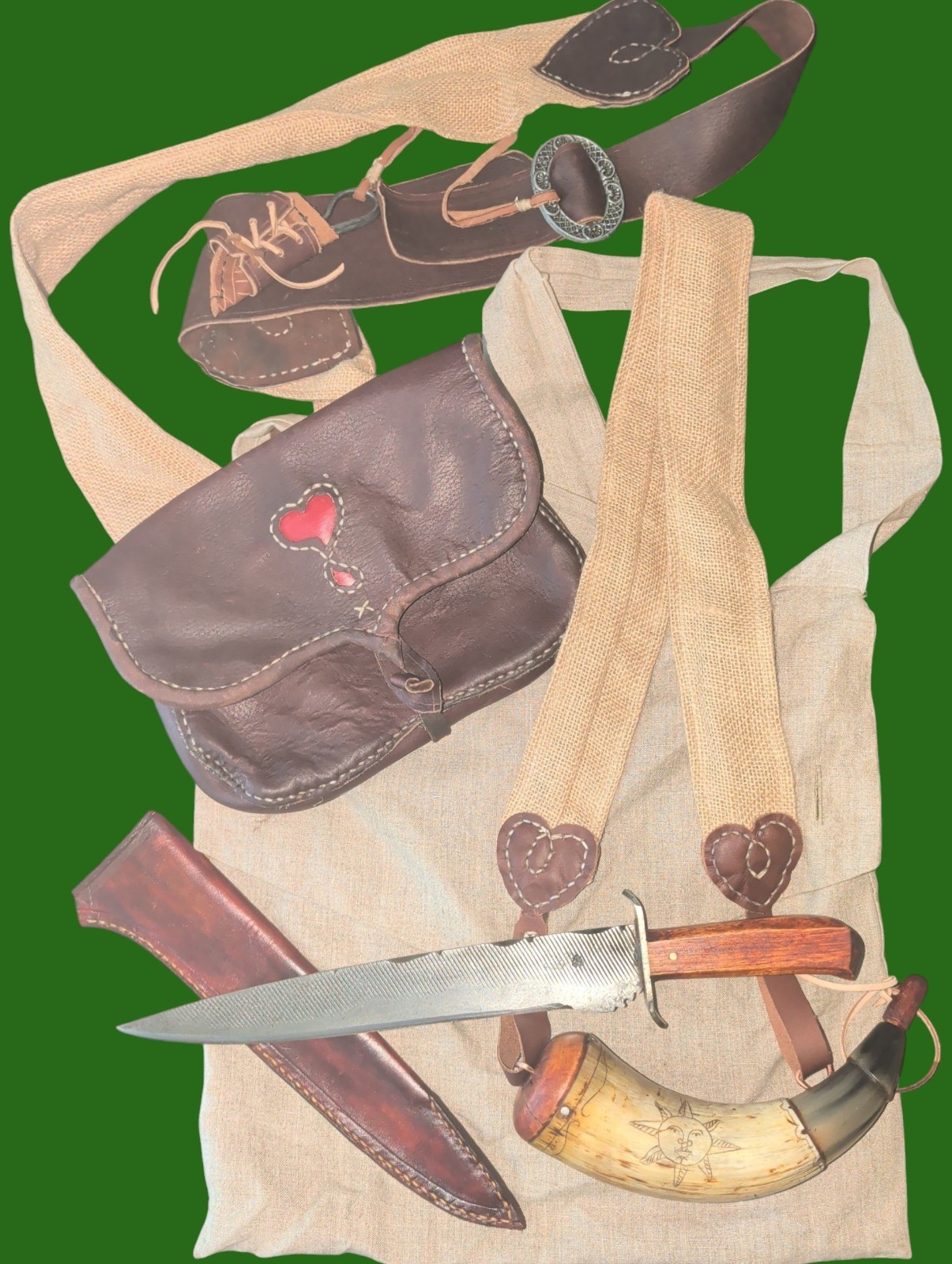18th Century Style Hunting Bag, Powder Horn, and Long Knife with Haversack