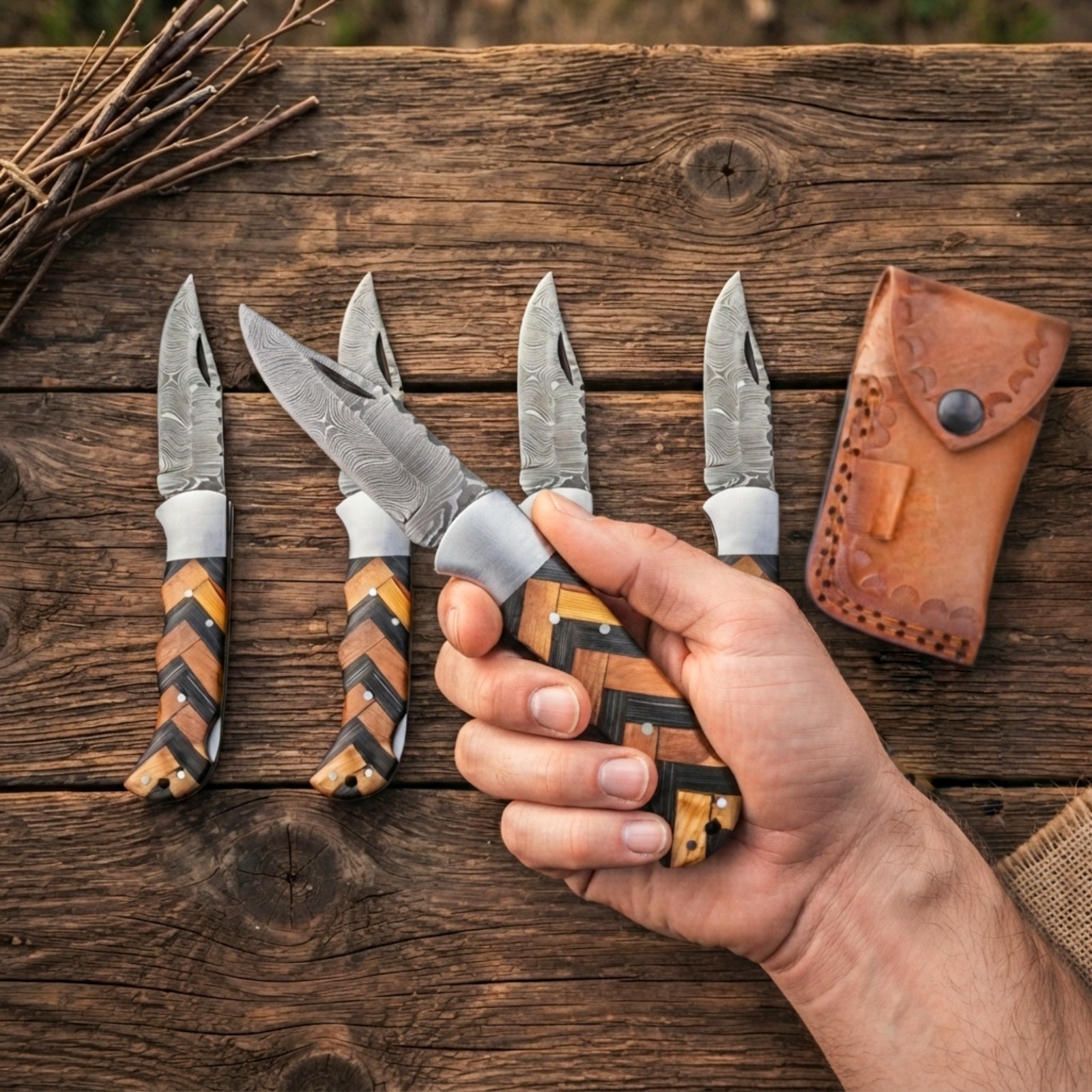 SET OF 5 PCS HANDMADE DAMASCUS STEEL FOLDING KNIVES WOOD HANDLE WITH SHEATHS